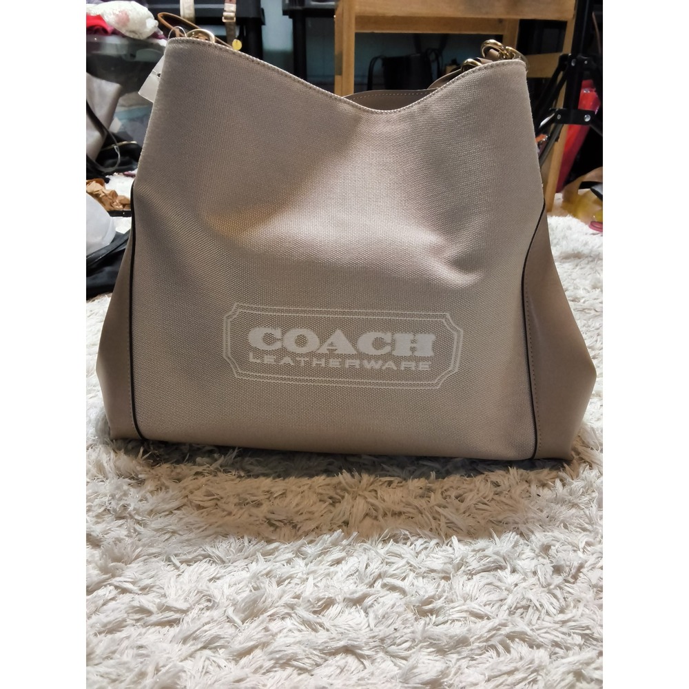12. Coach Leatherware Canvas Tote Bag Beige C9078 Large Shoulder Bag